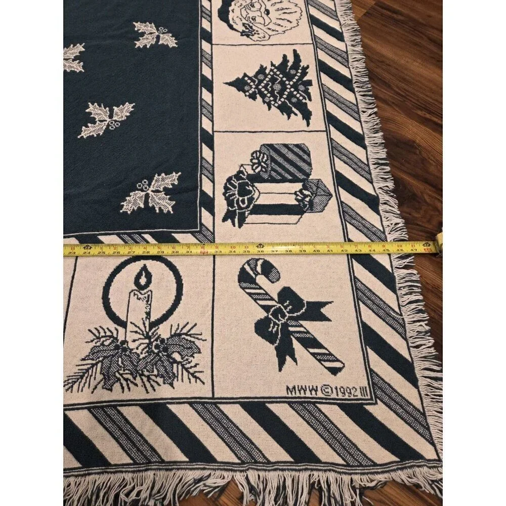 Vtg Christmas Woven Tapestry Throw Blanket With Fringes Reversible 47x71